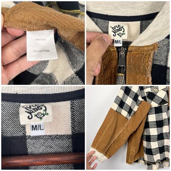 Ivy Jane Women’s Boho Plaid Corduroy Patchwork Quarter Zip Pullover Sweater M/L - Picture 5 of 8